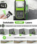 Top Notch Upgraded 360 Degree Laser Level With Electric Fine Adjustment Rotating Base Remote Control Rechargeable Self Leveling High Accuracy 1/13 Inch Pulse Mode For Precise DIY And Pro Projects shown with remote.