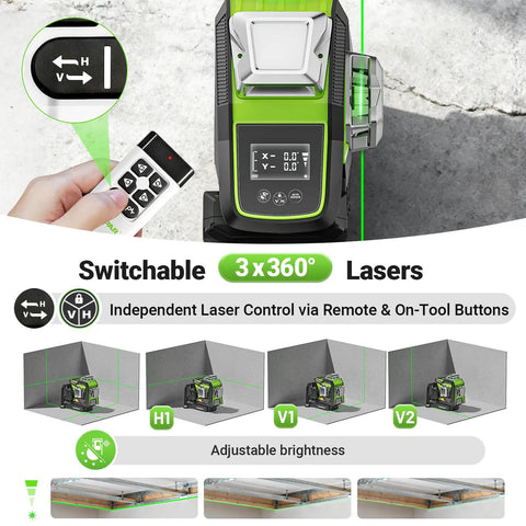 Top Notch Upgraded 360 Degree Laser Level With Electric Fine Adjustment Rotating Base Remote Control Rechargeable Self Leveling High Accuracy 1/13 Inch Pulse Mode For Precise DIY And Pro Projects shown with remote.