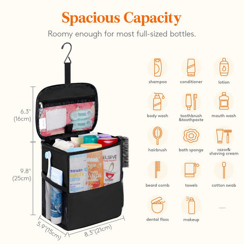 Quick Dry Mesh Shower Caddy For Dorms, Gym, Travel And Camping, open showing spacious capacity with toiletries inside