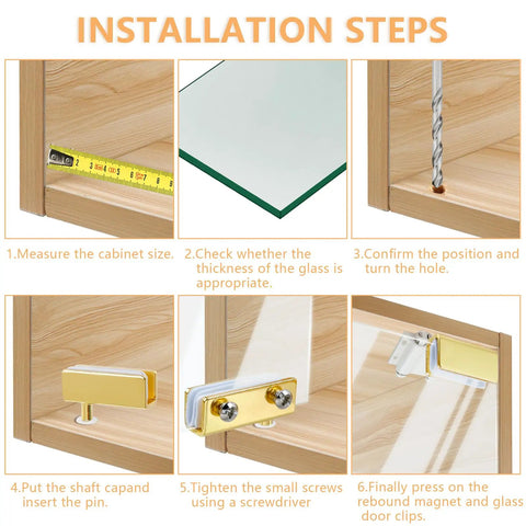 Installation steps for Glass Door Pivot Hinge With Magnetic Catch And Clamp Set in gold finish for bathroom cabinets.