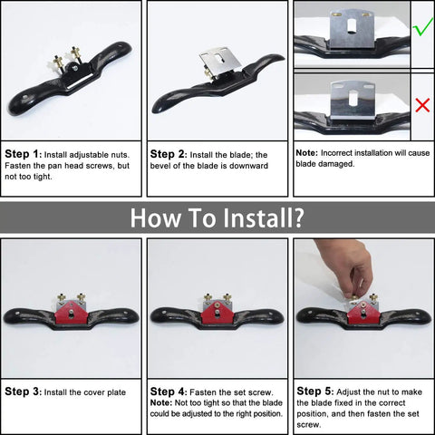 Installation guide for Adjustable Spoke Shave Set With Flat Base, 2 Sizes, 6 Replaceable Metal Blades, And Portable Woodworking Planes.