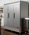 Built Different Commercial Reach In Upright Freezer With Three Solid Doors 72 Cubic Feet Stainless Steel Frame in a kitchen setup