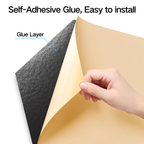 Self-adhesive layer of Twelve Pack Peel And Stick Acoustic Wall Panels High Density Sound Proof Foam Tiles Black shown in hand.