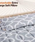 Close-up of light gray double hammock with pattern, featuring a detachable extra-large soft pillow.