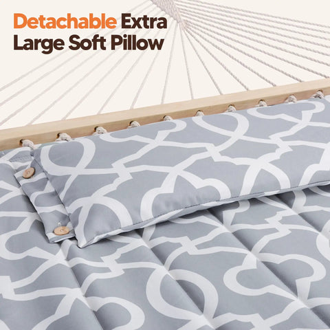 Close-up of light gray double hammock with pattern, featuring a detachable extra-large soft pillow.