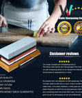 Pro Grade Knife Sharpening Stone Kit With 400 1000 And 3000 8000 Grit Wet Whetstones on bamboo base next to knife on cutting board