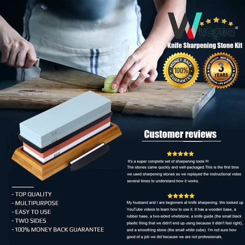 Pro Grade Knife Sharpening Stone Kit With 400 1000 And 3000 8000 Grit Wet Whetstones on bamboo base next to knife on cutting board