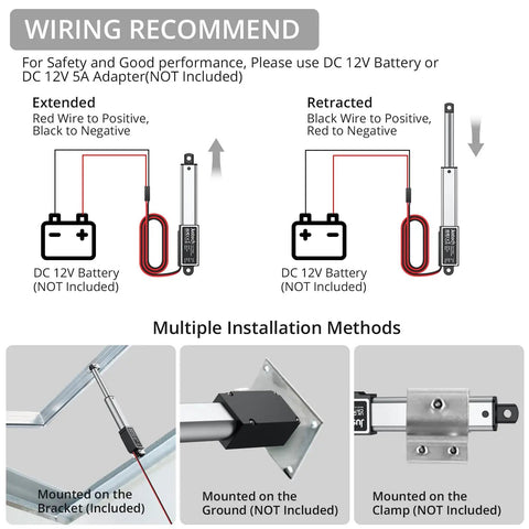 Diagram showing wiring instructions for 12V Mini Linear Actuator Featuring A 2 Inch Stroke And 64 Newton Thrust for installation.