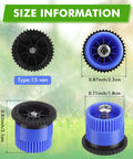 16 Piece Top Shelf Blue Lawn Sprinkler Head Replacement Kit With 15 Van Slick Swivel Nozzles Rotating Seamlessly From 0 To 360 Degrees, size information with measurement details.