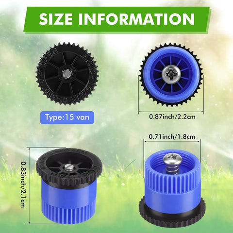 16 Piece Top Shelf Blue Lawn Sprinkler Head Replacement Kit With 15 Van Slick Swivel Nozzles Rotating Seamlessly From 0 To 360 Degrees, size information with measurement details.