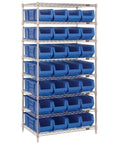 Heavy Duty Wire Shelving Rack Eight Tier Garage Storage Workhorse Six Hundred Pounds Per Shelf Chrome Construction With Twenty Eight Blue Plastic Bins Included For Zero Hassle Tool Storage.