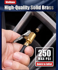 Close-up of Two Pack Brass Locking Tire Air Chucks With Clip Adapter fitting a tire valve