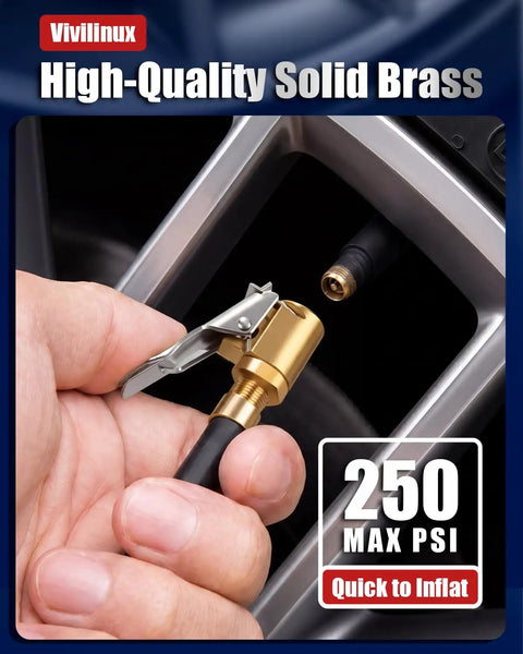 Close-up of Two Pack Brass Locking Tire Air Chucks With Clip Adapter fitting a tire valve