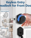 Slick Biometric Fingerprint Deadbolt Lock For Front Door Delivering Nail Down Accuracy With No Sweat App Management And Tight Bluetooth Access For Rock Solid Home Security Setup, close-up of keyless entry with a hand unlocking.