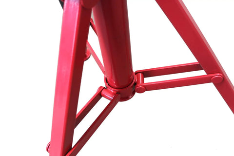 Close-up of red folding base of Heavy Duty Pipe Stand With V Head, Adjustable Height, Folding Portable Design, 2500 Lb Load Capacity