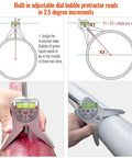 Pink pipe center finder with centering head and built-in bubble protractor for marking 1/2 inch and larger pipes