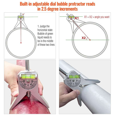 Pink pipe center finder with centering head and built-in bubble protractor for marking 1/2 inch and larger pipes
