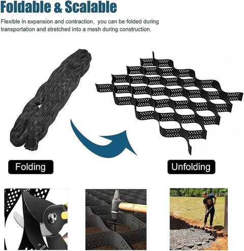 Heavy Duty Ground Grid For Driveway Stabilization And Slope Landscaping Honeycomb Drainage Grid For Grass And Rock Fill folded and unfolded view