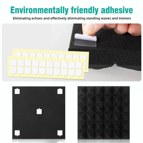 50 Pack Pyramid Acoustic Foam Panels 2 By 12 By 12 Inches For Walls And Ceilings Studio Grade Soundproofing shown with adhesives