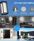 Outdoor Wall Light Set 1800 Lm 6000K Modern Black Exterior Porch Lights; various scene applications and aluminum structure detail.