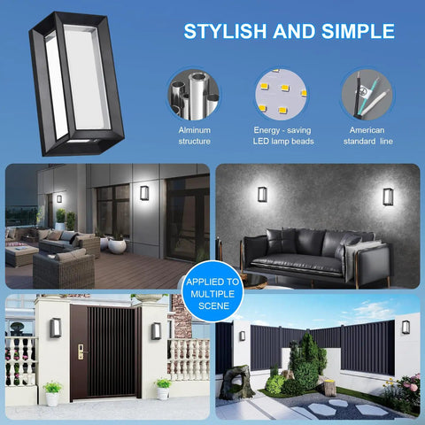 Outdoor Wall Light Set 1800 Lm 6000K Modern Black Exterior Porch Lights; various scene applications and aluminum structure detail.