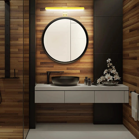 Bathroom with Wireless Picture Light Battery Powered With Remote Dope Dimmable 16 Inch Wall Lamp Above Mirror, Gold Finish.