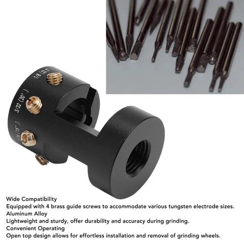Aluminum Tungsten Electrode Sharpener Grinder with Multi Angle Settings showing mandrels and electrode tips detail