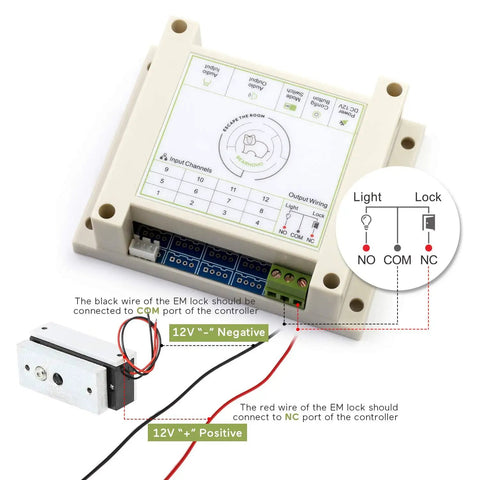Wiring setup for Next Level Four Color Metal Button Props With 12V Magnetic Lock for escape room games with connection instructions.