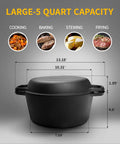 2-In-1 Preseasoned Cast Iron Dutch Oven Pot With Skillet Lid, 5 Qt capacity, dual handles, dimensions shown, for grilling, baking