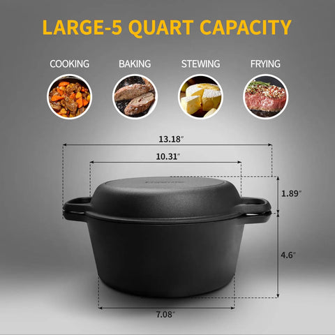 2-In-1 Preseasoned Cast Iron Dutch Oven Pot With Skillet Lid, 5 Qt capacity, dual handles, dimensions shown, for grilling, baking