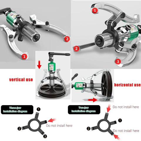 Heavy Duty Hydraulic Gear Puller 5 Ton Capacity Kit Made From Strong Steel Designed For No Leak Oil Use Has 2 Or 3 Jaw Setup For Hub Separator And Mechanical Repair Tasks Pulling Axles In Garage Or Shop Settings Serious Muscle For The Grind, three-jaw install diagram