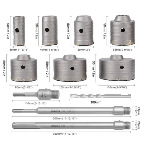 Premium Tungsten Steel Concrete Hole Saw Kit For HVAC And Plumbing Drilling Multi Material 30mm To 110mm Heavy Duty Set 7 Pieces, sizes shown