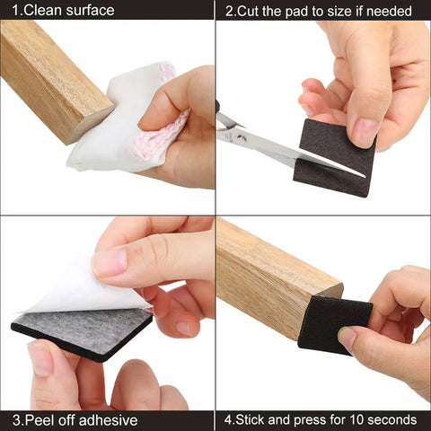 Steps to apply Premium Felt Furniture Pad Set, 136 Pieces, 5mm Thick Floor Protectors For Sofa, Chairs And Tables on wooden furniture leg.