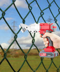 Brilliant 21V Cordless Shear For Sheet Metal Heavy Duty Electric Cutter cutting through a green chain-link fence.