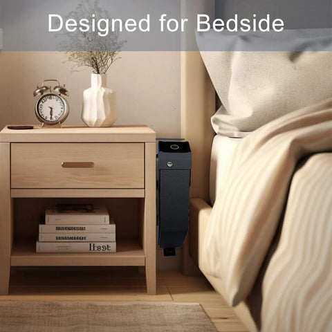 Beefy Biometric Bedside Gun Safe With Slick Fingerprint Lock and Lightning Fast Handgun Entry mounted next to a nightstand.