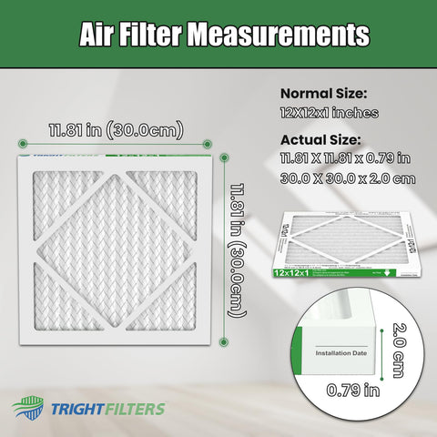 12X12X1 Air Filter 6 Pack MERV 8 Pleated Replacement measurements chart and installation diagram