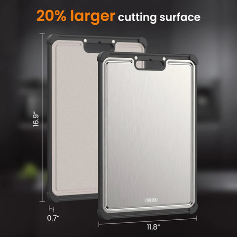 Dual-sided kitchen cutting board with stainless steel and wheat straw surfaces, 16.9 x 11.8 in.