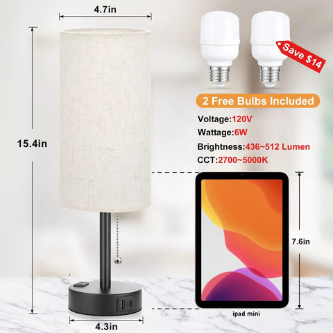 Bedroom Lamps Set Of 2 With 3 Color Modes And USB C And USB A Charging Ports, showing dimensions and two free bulbs included.