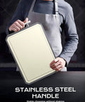 Person holding Double Sided Stainless Steel Meat Cutting Board And Wheat Straw Veggie Board Large 16 By 11 Inch Kitchen Workhorse