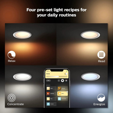 Smart 4 Inch Recessed Downlight With Color Ambiance And White Finish 850 Lumen LED App Controlled Light Recipes Display