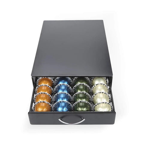 Vertuo Capsule Storage Drawer For VertuoLine Pods Metal Organizer Holds 40 Capsules with pods in four columns