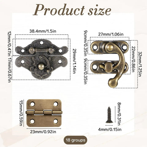 Antique Bronze Mini Hinges And Latches Set For Wooden Jewelry Boxes With Screws Includes 12 Mini Hinges And 6 Locks, product dimensions shown.