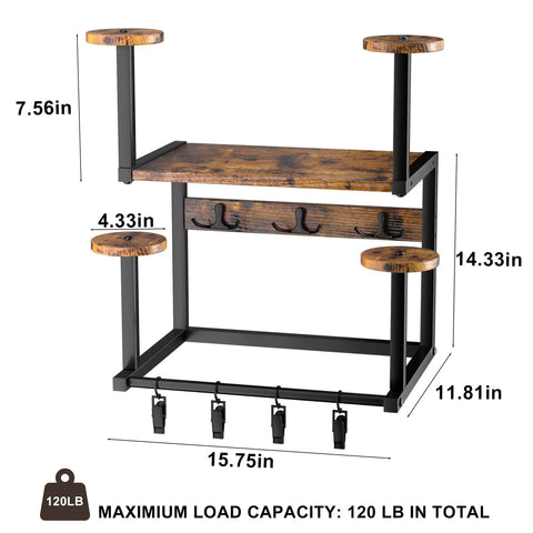 Hella Sturdy Wooden Wall Mount Helmet Rack Featuring Four Deep Cradles For Motorcycles Dirt Bikes Ski Gear And Bucket Hats showing dimensions and strong steel hooks.