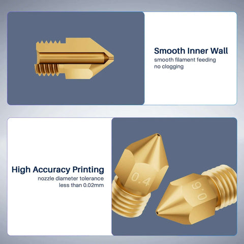MK8 Brass 3D Printer Nozzle Set All In One Upgrade Kit with 0.4mm and 0.9mm nozzle detail, smooth inner wall and high accuracy printing