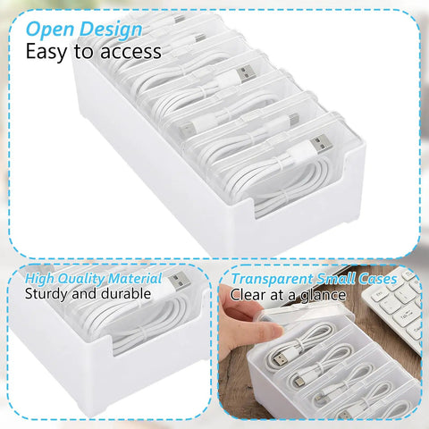 4 Pack Cable Organizer Box With 28 Clear Compartments For Switch Cords And Power Cables Desktop Cable Management Box Charger Storage Case Office And Home Desk Accessory Transparent Durable Design Easy Access, clear plastic desk box with cords