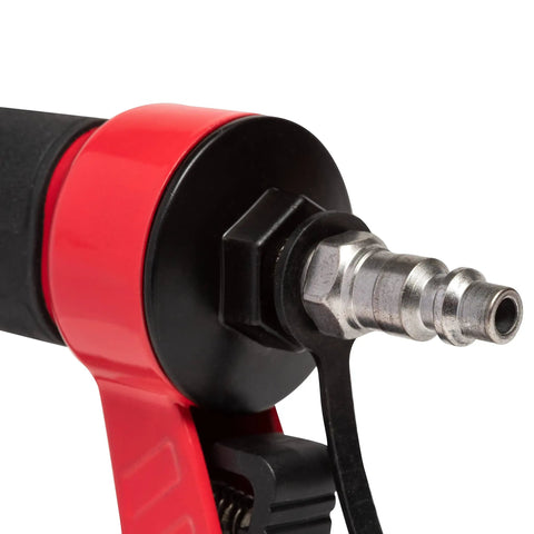 Close-up of Lightweight 23 Gauge Pin Nailer Oil Free Pneumatic Tool PT23G connector, showing red housing and metal nozzle.