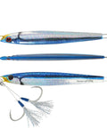 Heavy Duty Premium Slow Fall Pitching Jigs For Saltwater Fishing Tough 9T Lead Alloy Sinkers Paired With Razor Sharp Mustad Stinger Hook Killer Offshore Jigging Bait 120 Grams, three angled jigs with blue and silver finish and stinger hook.