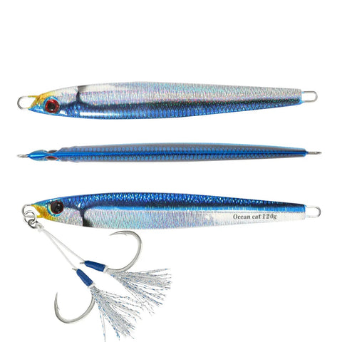 Heavy Duty Premium Slow Fall Pitching Jigs For Saltwater Fishing Tough 9T Lead Alloy Sinkers Paired With Razor Sharp Mustad Stinger Hook Killer Offshore Jigging Bait 120 Grams, three angled jigs with blue and silver finish and stinger hook.