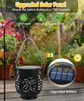 Four Pack Solar Lanterns With Flickering Flame, Outdoor Waterproof Hanging Lights, in garden with solar charging panel detail