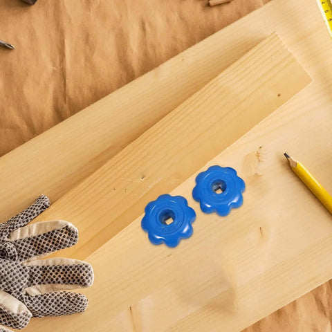 Heavy Duty Gas Cylinder Valve Handles Set of 4 with Hexagonal Aluminum Alloy Industrial Hand Wheels Non Slip Grip for Emergency Valve Opening and Laboratory Use, showing two blue valve handles on wood surface.